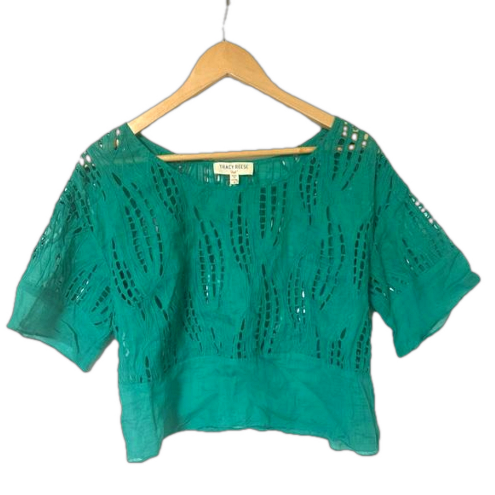 TRACY REESE Lab anthropologie Top Eyelet Lace Green Aqua Short Sleeve
